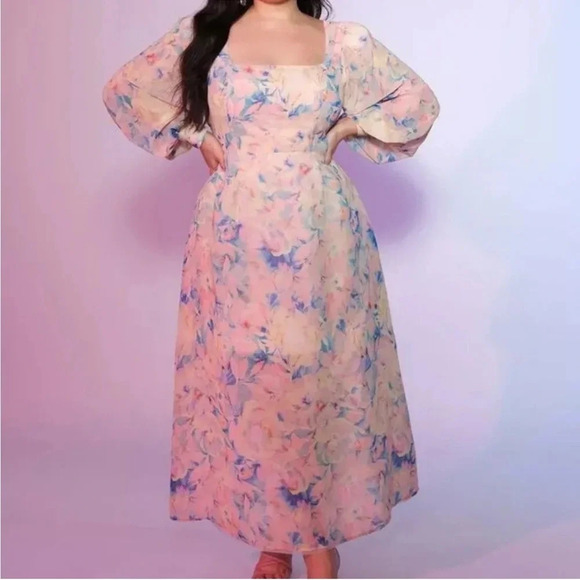 NWT Eloquii Spring Pastel Bridgerton Selkie Floral Puff Sleeve Maxi Dress 18 - Picture 1 of 13